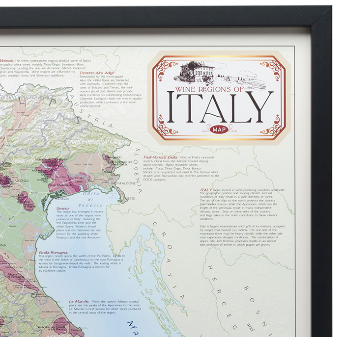 Framed wine map of Italy