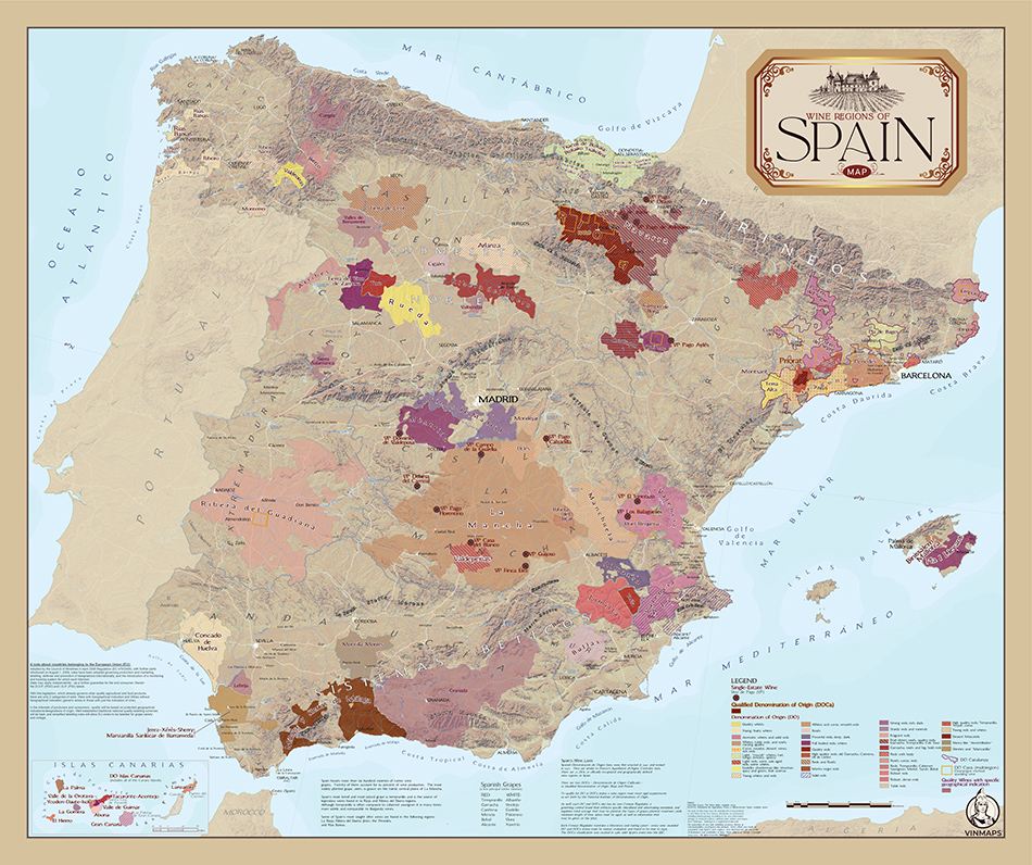 Spain wine map. Spain has over 2.5 million acres of land planted to vines. Spain ranks third in wine production worldwide. 